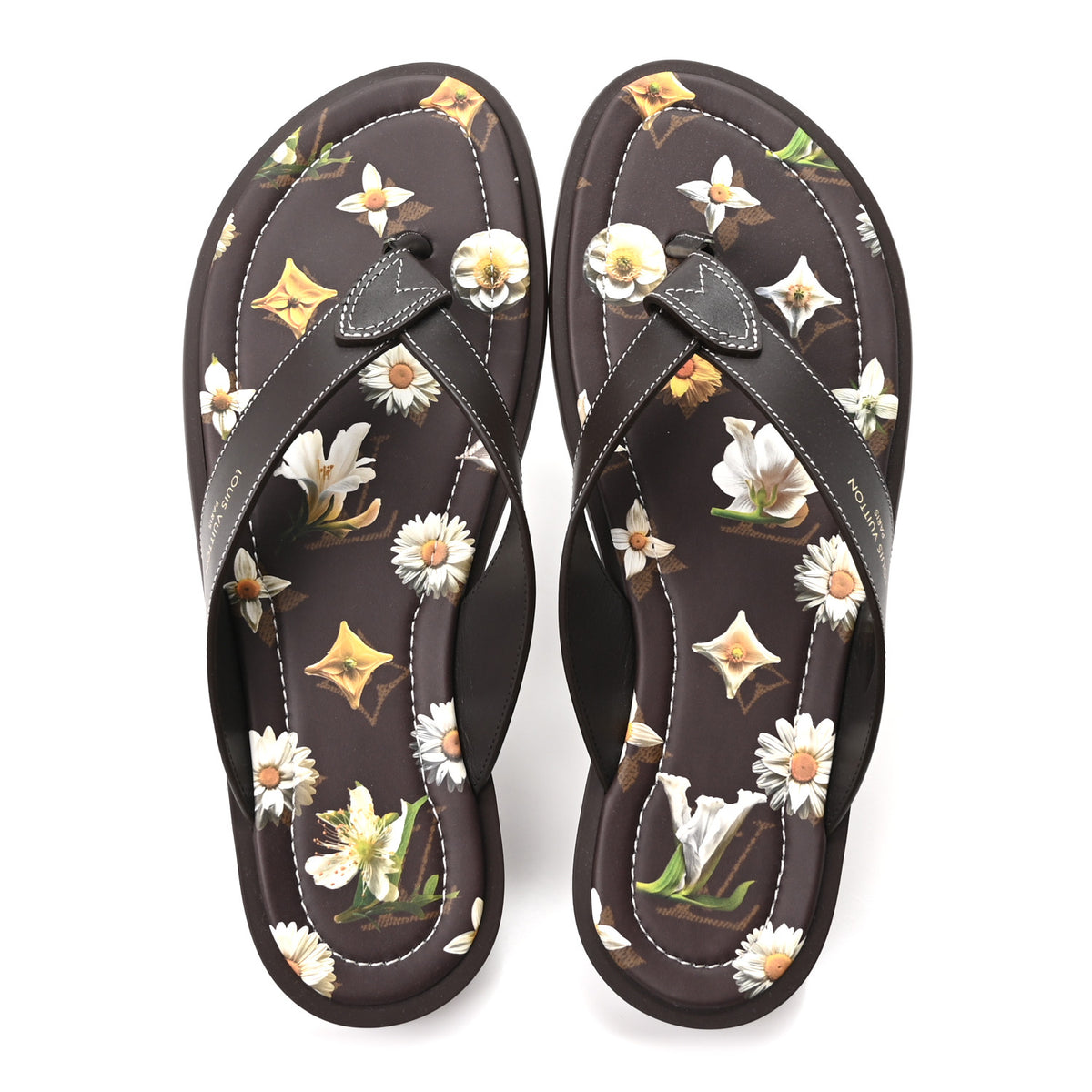 Louis Vuitton Supple Calfskin Blooming Monogram Mens LV Sunset Thong Sandals 8 Marron 2 of 10