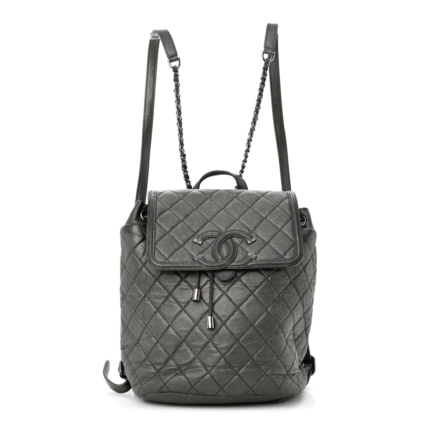 Metallic Caviar Quilted Filigree Backpack Dark Silver