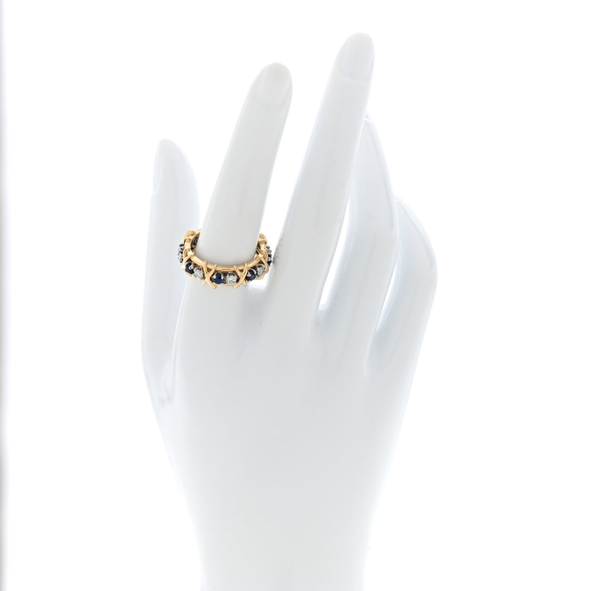 18K Yellow Gold Diamond Blue Sapphire Schlumberger Sixteen Stone Ring 57 8