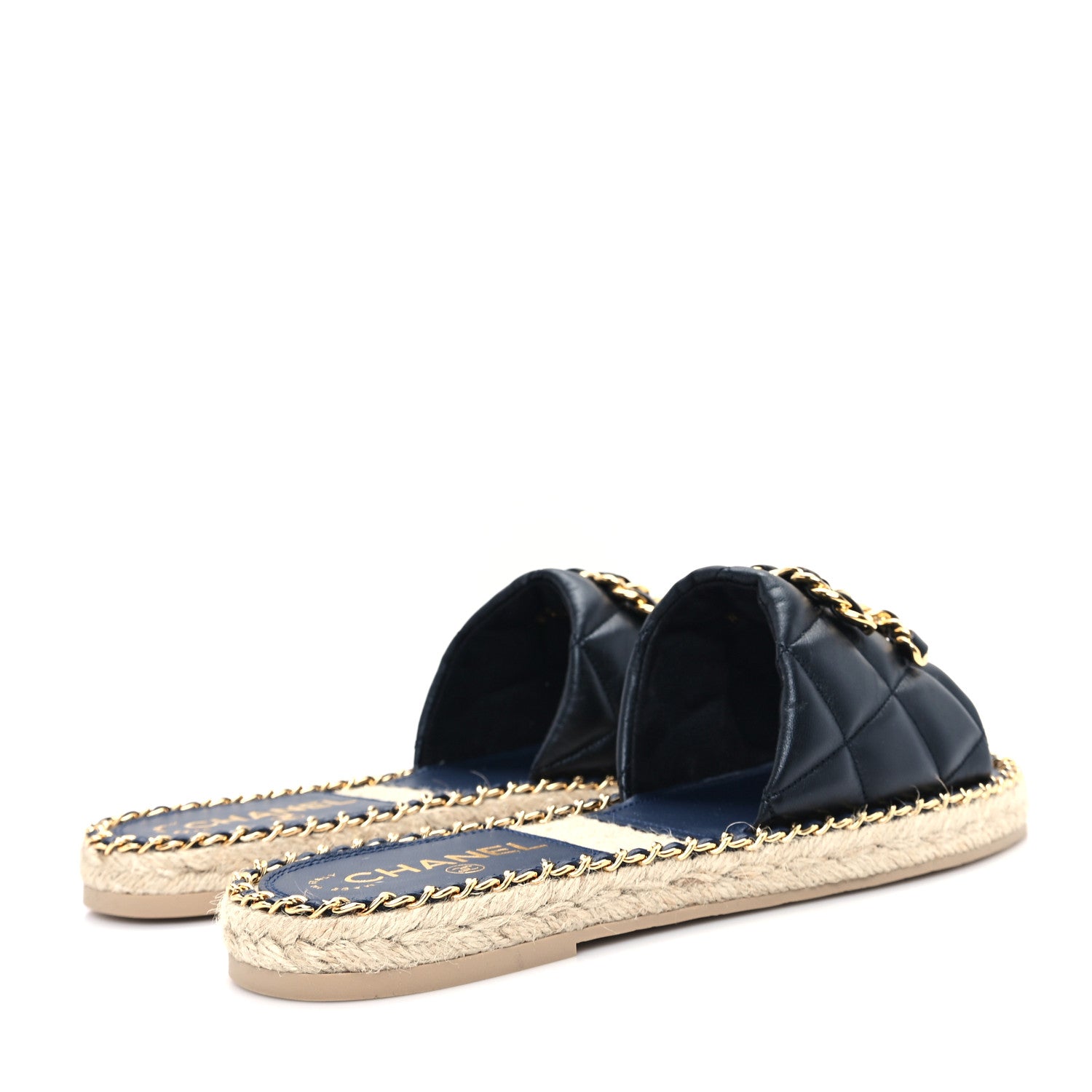 Chanel Lambskin Quilted CC Chain Espadrille Mules 39 Black Navy