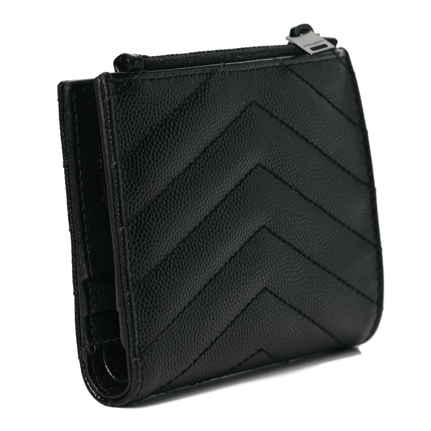 Saint Laurent Grain De Poudre Matelasse Chevron Monogram Zipped Card Case Black 2 of 13
