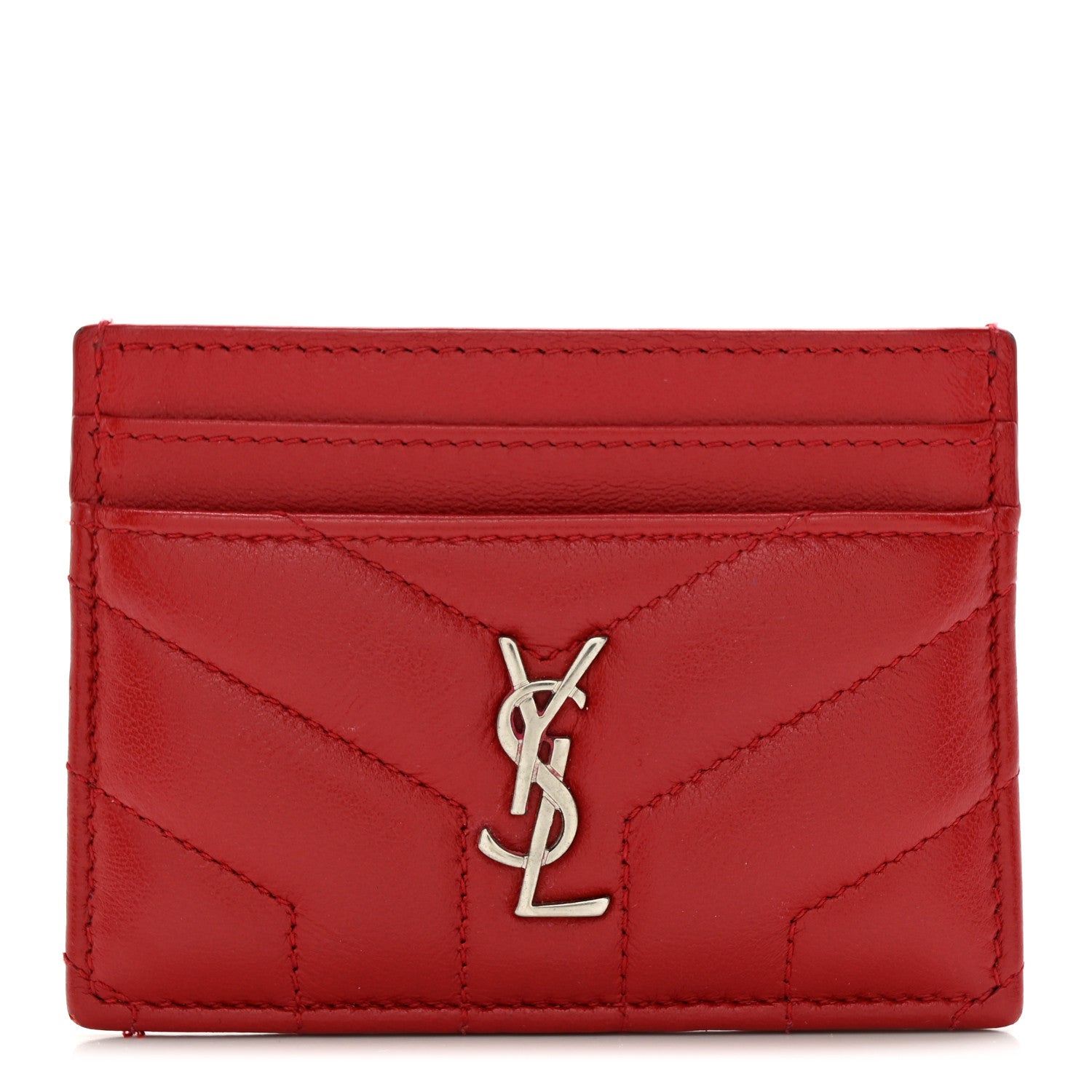 Saint Laurent Calfskin Y Quilted Monogram LouLou Credit Card Case Red 1 of 7