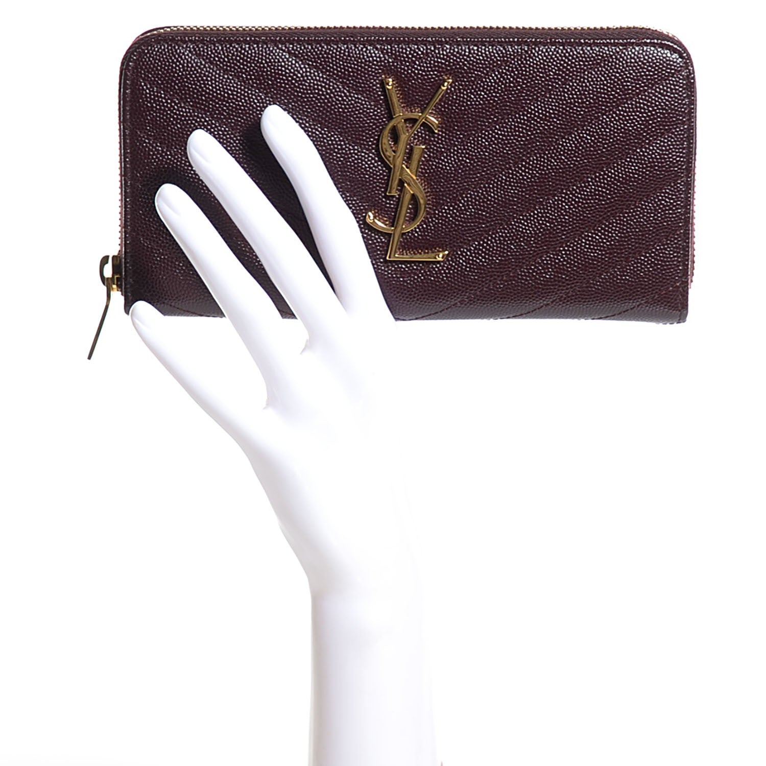 Saint Laurent Grain de Poudre Textured Matelasse Chevron Monogram Zip Around Wallet Bordeaux 2 of 8