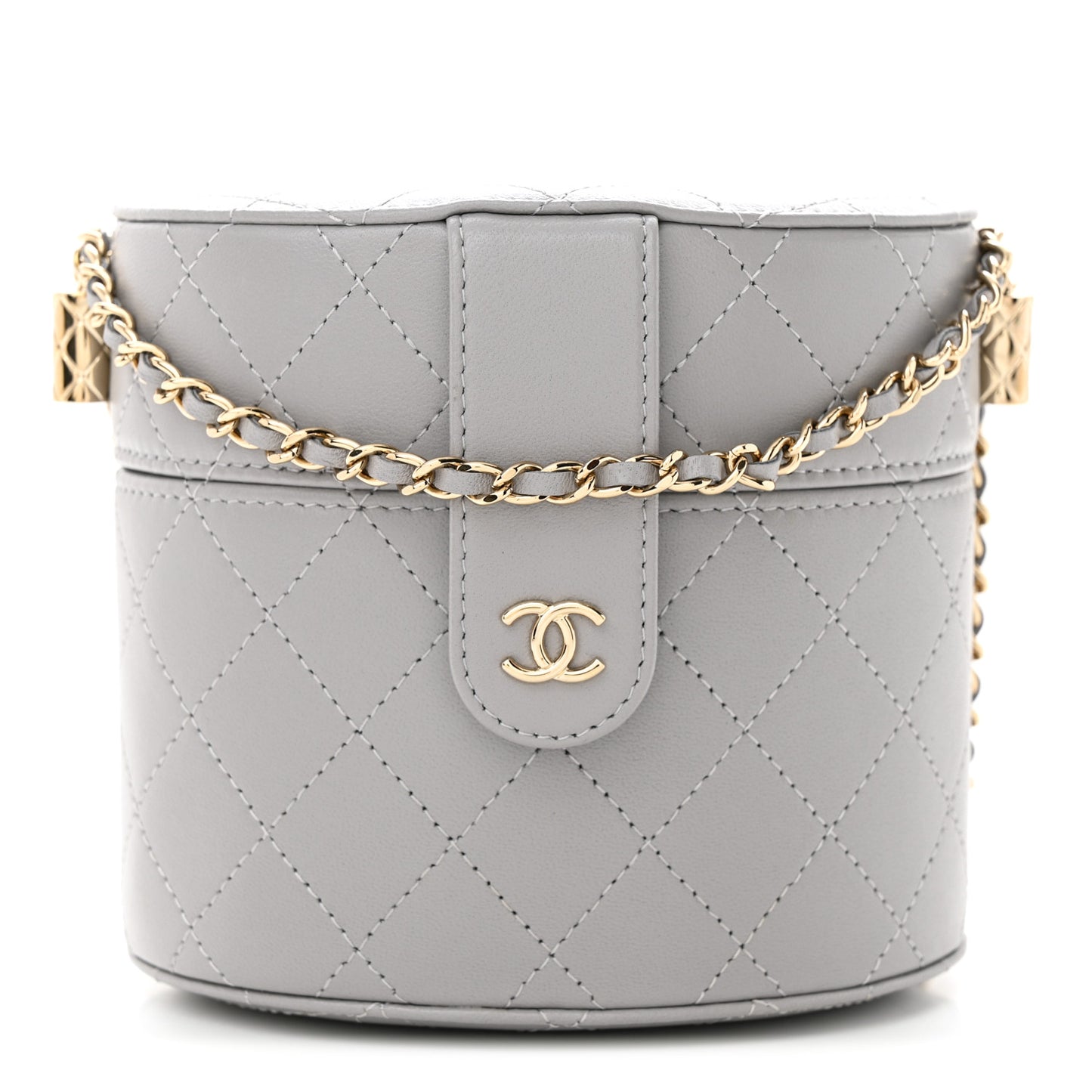 Lambskin Quilted Round Mini Vanity Case With Chain Case With Chain Grey