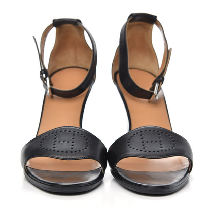Hermes Calfskin Perforated H Ankle Strap Wedge Sandals 39 Black 2 of 7