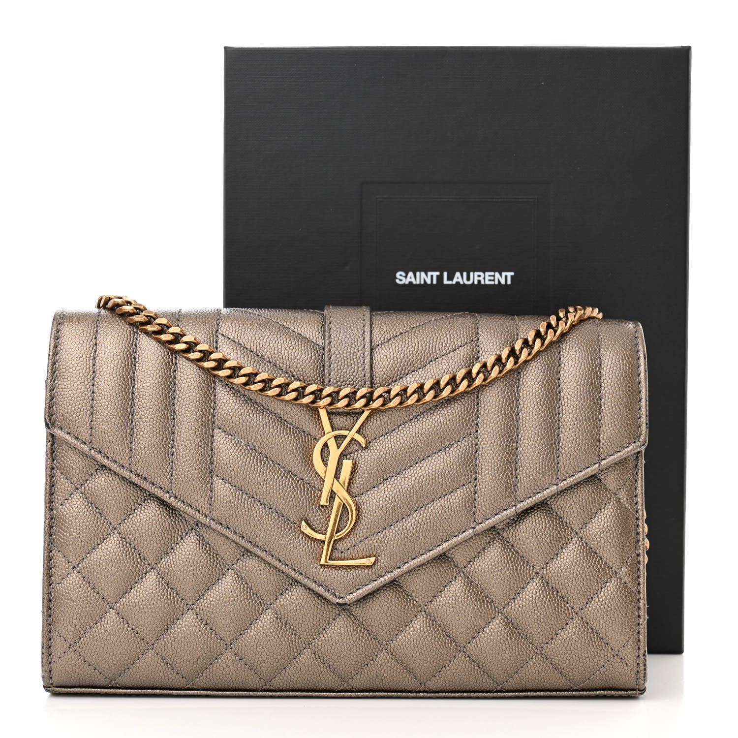 Saint Laurent Metallic Grain De Poudre Mixed Matelasse Triquilt Monogram Chain Wallet Piombo 14 of 14