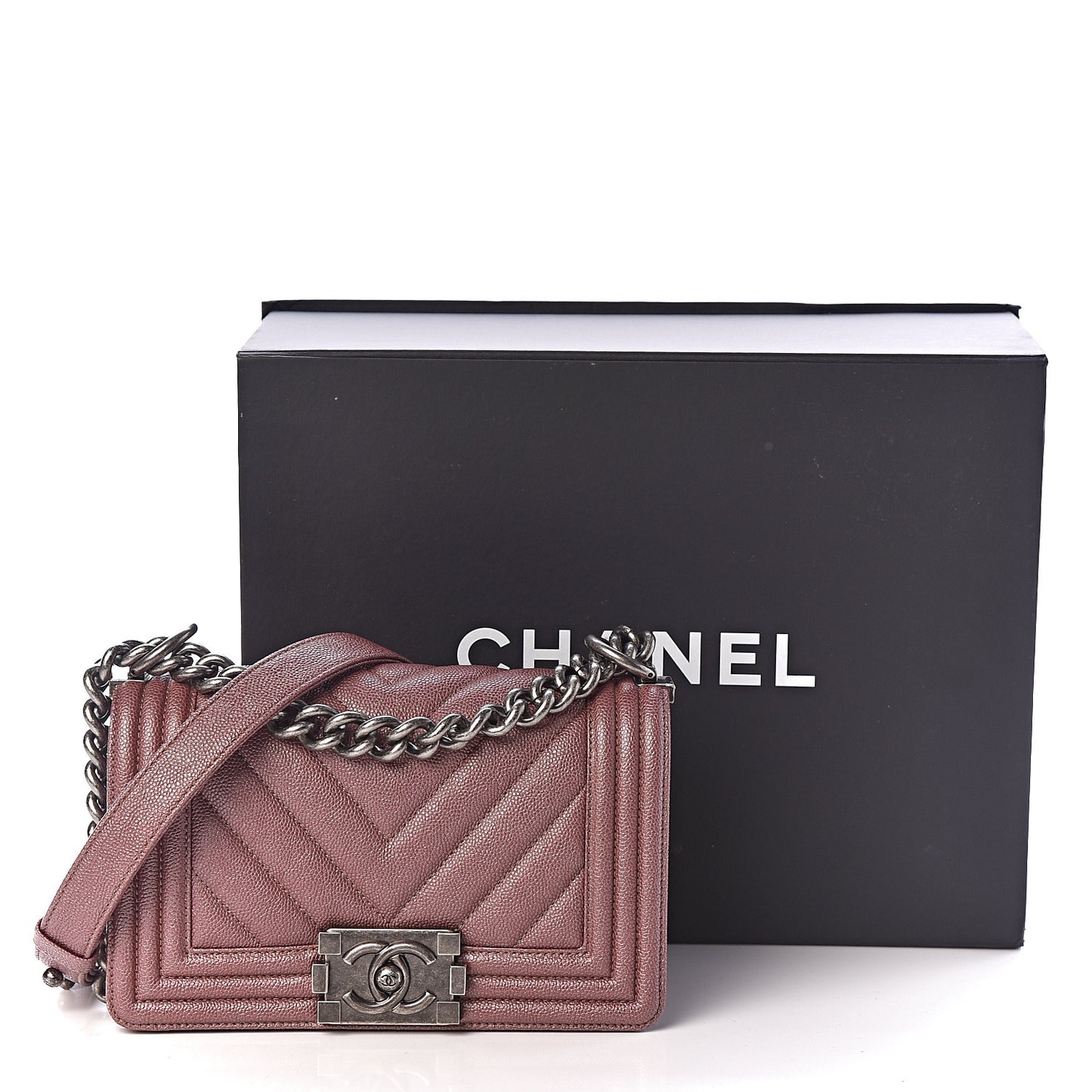 Metallic Caviar Chevron Quilted Small Boy Flap Dark Pink