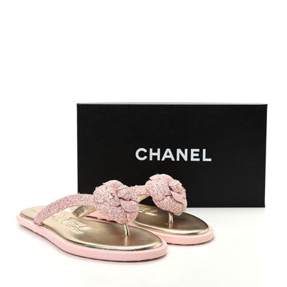 Chanel Tweed Quilted Camellia Thong Sandals 38 Salmon Apricot Gold 11 of 11