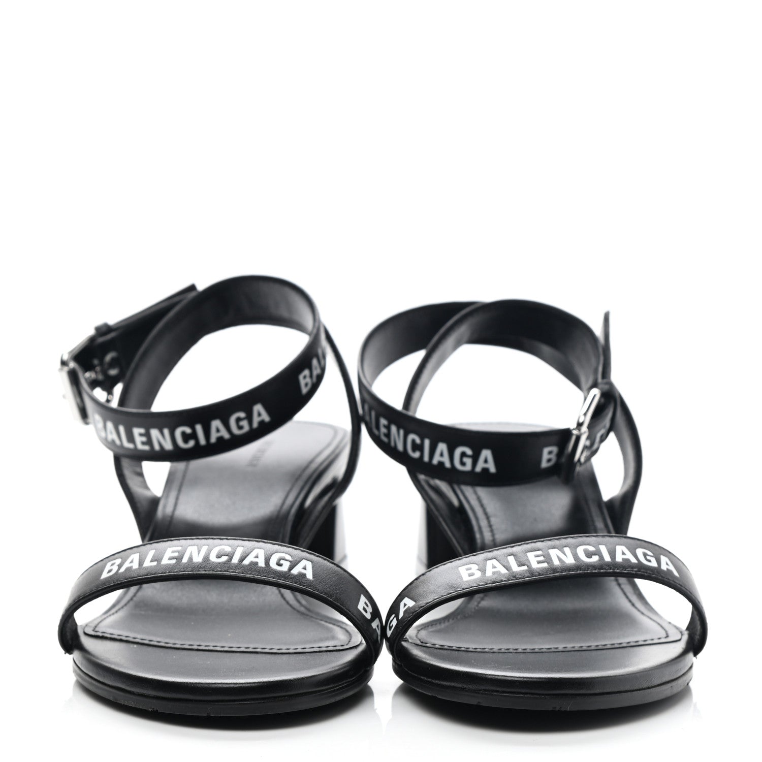 Balenciaga Smooth Calfskin Allover Logo Ankle Strap Round 40mm Sandals 35 Black White 2 of 8