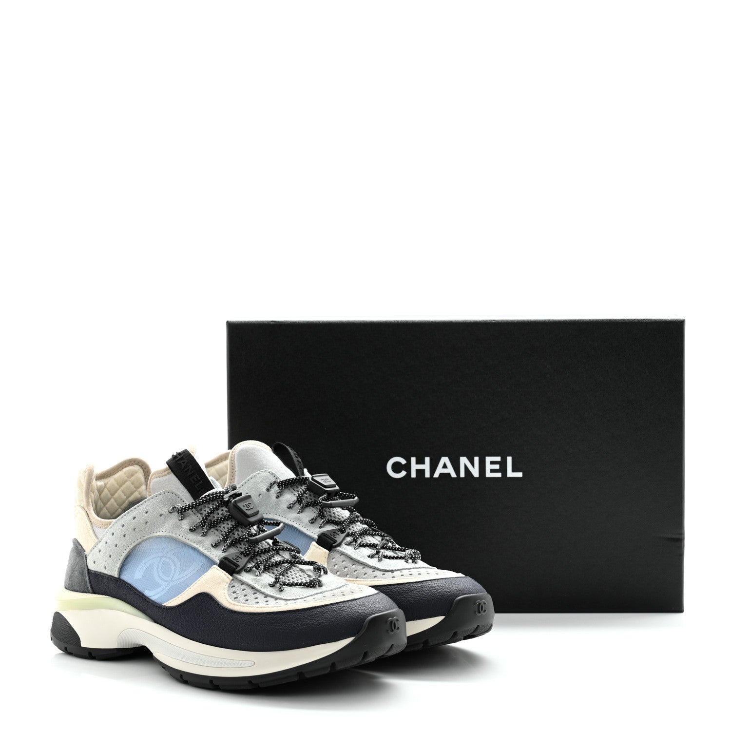 Chanel Fabric Suede Calfskin Mesh Womens CC Sneakers 40 Black Blue Ivory 8 of 8