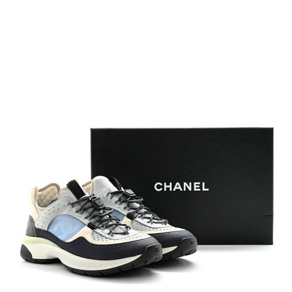 Chanel Fabric Suede Calfskin Mesh Womens CC Sneakers 40 Black Blue Ivory 8 of 8