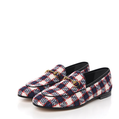 Gucci Vintage Tweed Check Horsebit Womens Jordaan Loafers 39.5 White Hibiscus Red Marine 3 of 9
