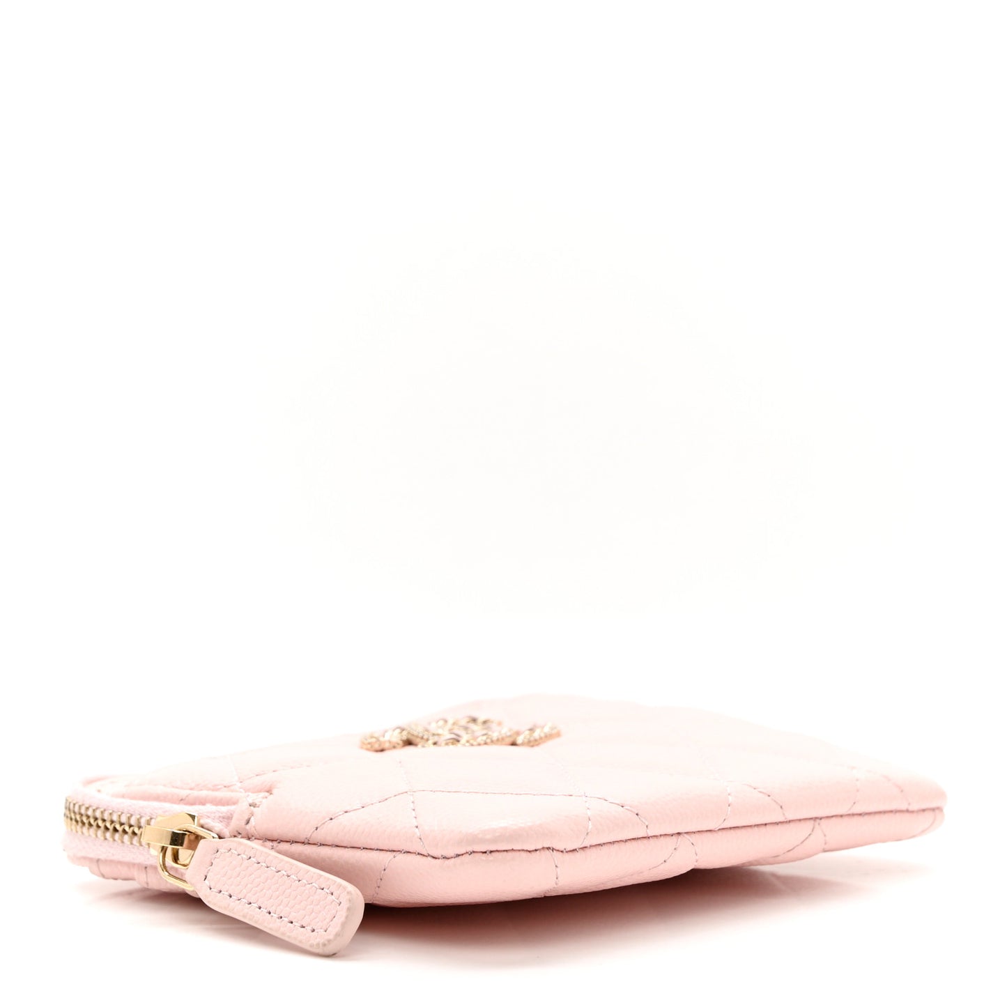 Caviar Quilted Crystal Zip Card Holder Wallet Light Pink