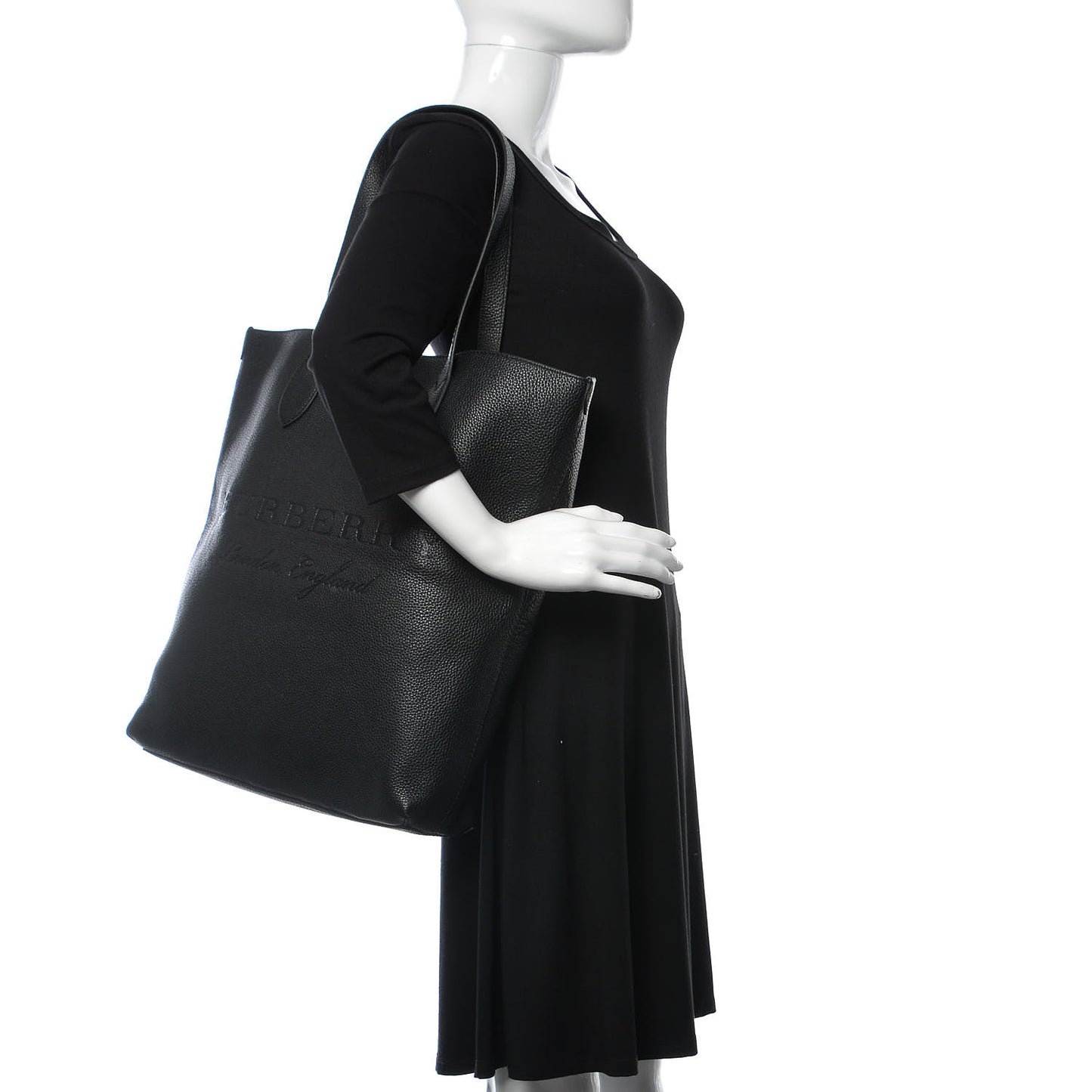 Grainy Calfskin Embossed Logo Tote Black