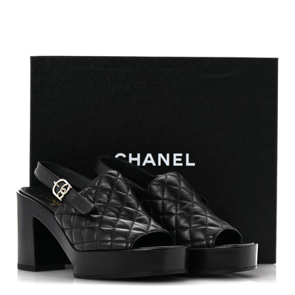 Chanel Lambskin Quilted Peep Toe Wedge Sandals 38 Black 10 of 10