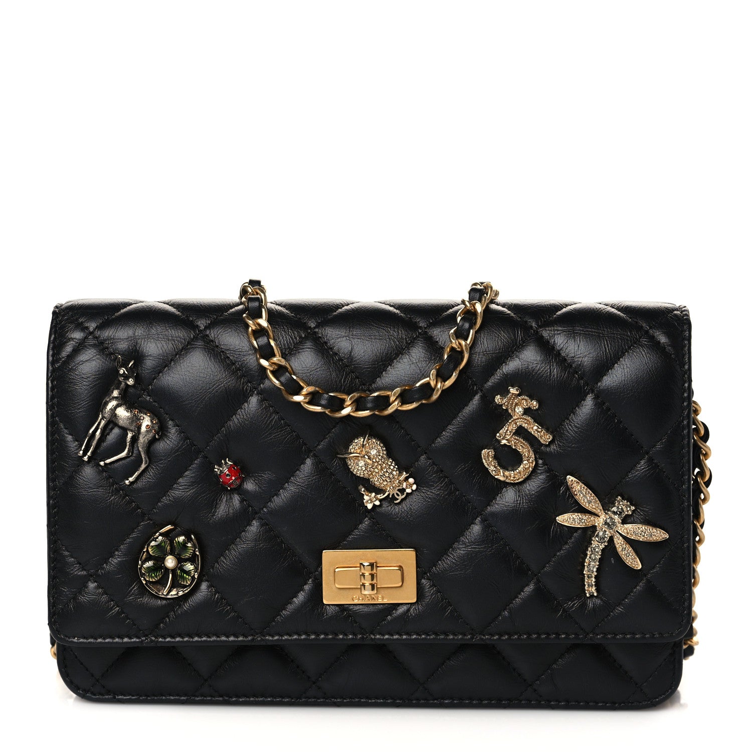 Chanel Aged Calfskin Quilted Lucky Charms 2.55 Reissue Wallet On Chain WOC Black 1 of 11