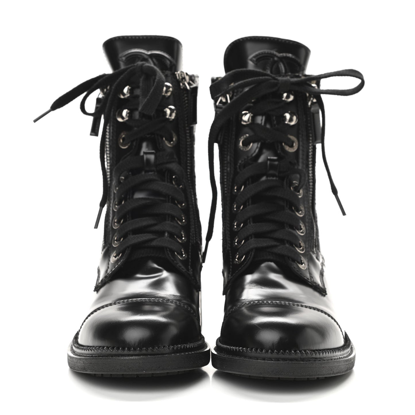 Calfskin Quilted Lace Up Combat Boots 36 Black