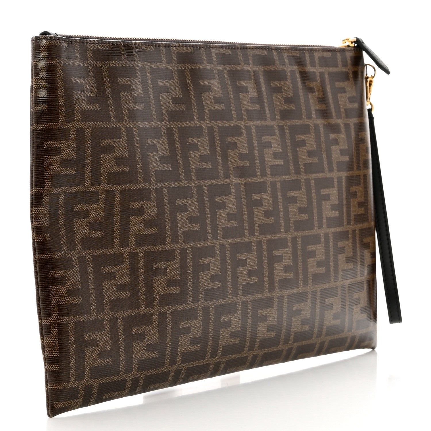 Fendi Glazed Fabric Vitello Century FF 1974 Stamp Patch Large Flat Pouch Mogano Panna Black 3 of 7