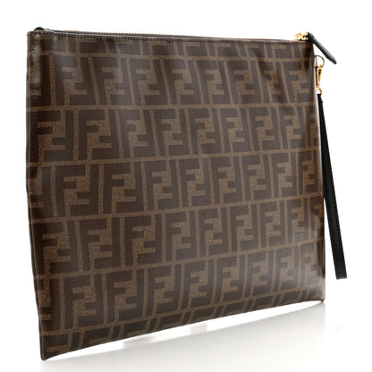 Fendi Glazed Fabric Vitello Century FF 1974 Stamp Patch Large Flat Pouch Mogano Panna Black 3 of 7