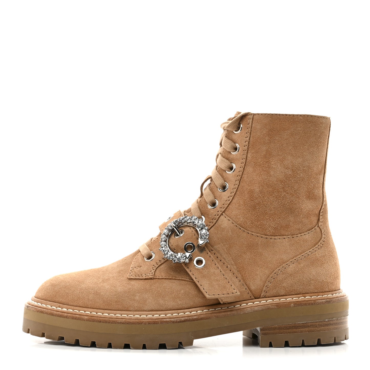 Suede Crystal Embellished Cora Flat Combat Boots 39 Caramel