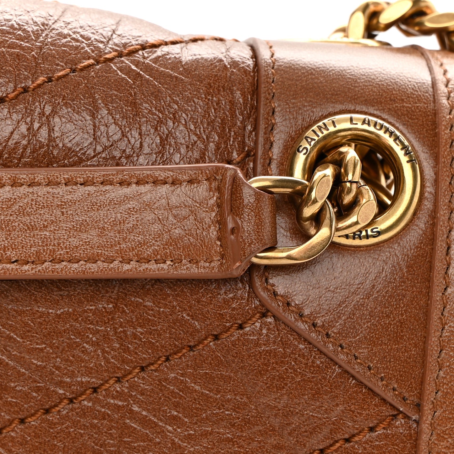 Crinkled Calfskin Matelasse Monogram Medium Niki Chain Satchel Caramel