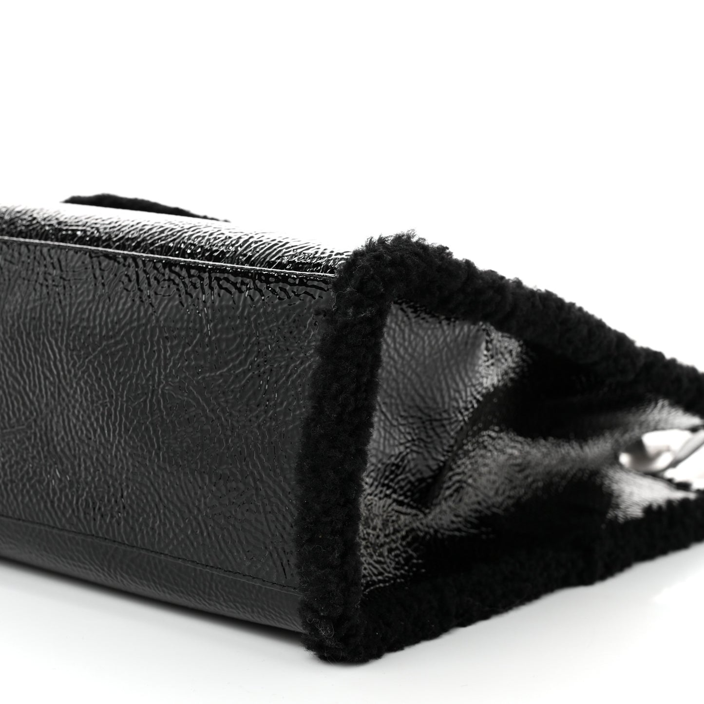 X UGG Crinkle Patent Shearling Medium Shopping Bag Black