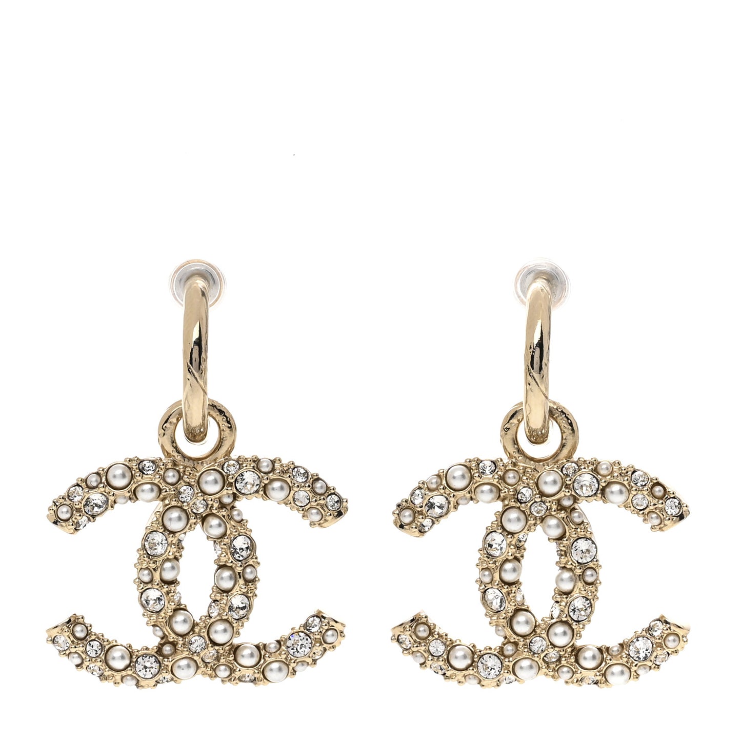 Crystal Pearl Caviar CC Drop Earrings Gold