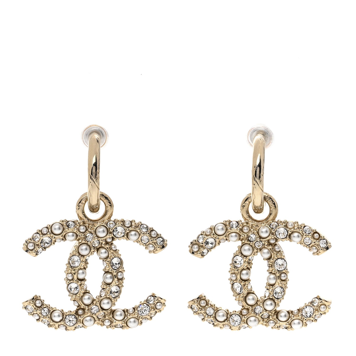 Chanel Crystal Pearl Caviar CC Drop Earrings Gold 1 of 3