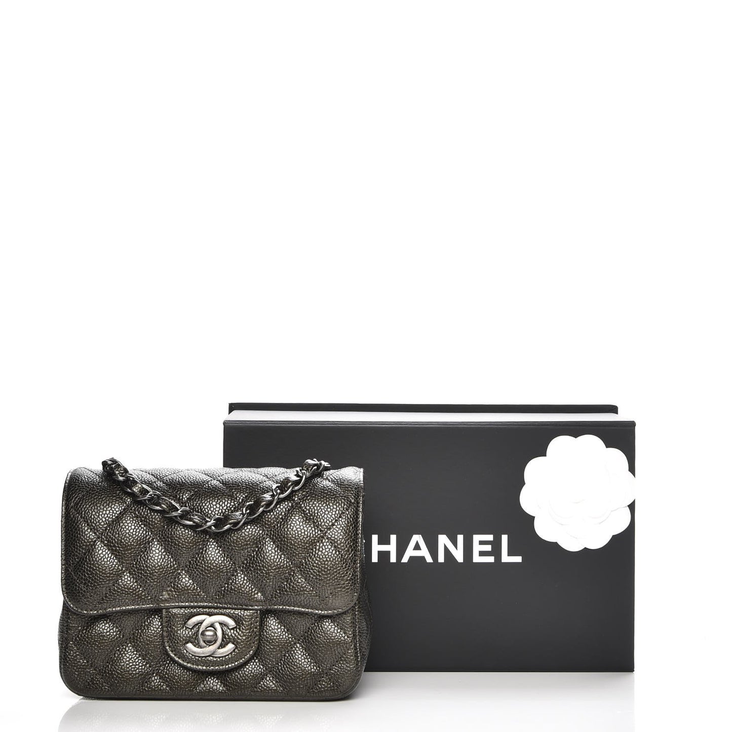 Metallic Caviar Quilted Mini Square Flap Dark Charcoal