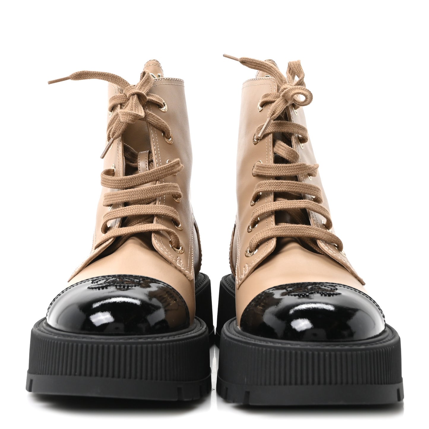 Calfskin Patent Calfskin CC Lace Up Combat Boots 39 Beige Black