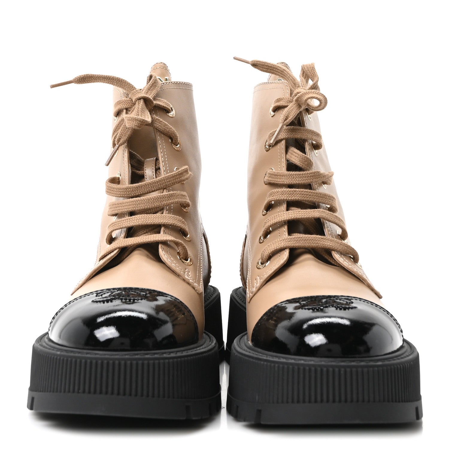 Chanel Calfskin Patent Calfskin CC Lace Up Combat Boots 39 Beige Black 3 of 10