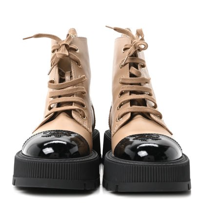 Chanel Calfskin Patent Calfskin CC Lace Up Combat Boots 39 Beige Black 3 of 10