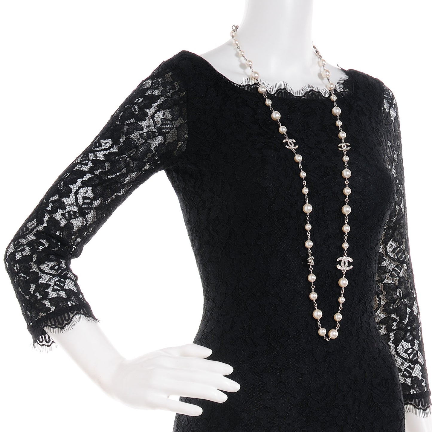 Crystal Pearl CC Long Necklace Silver