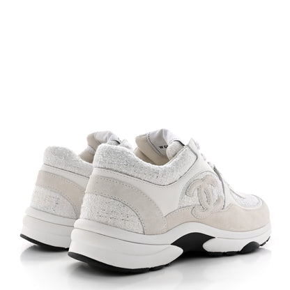 Chanel Painted Iridescent Cotton Tweed Suede Calfskin Womens CC Sneakers 37.5 White Silver Multicolor 4 of 13