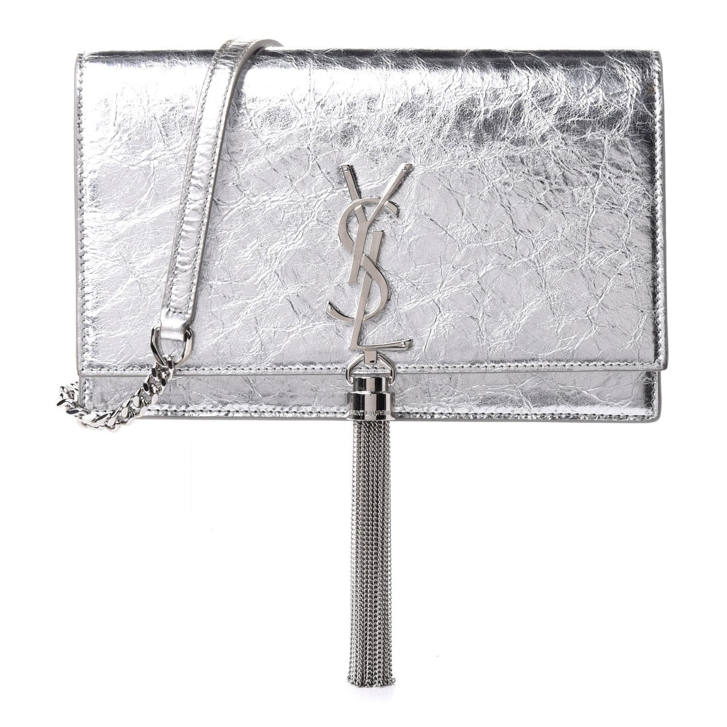 Metallic Crackled Calfskin Kate Monogram Tassel Chain Wallet Argento