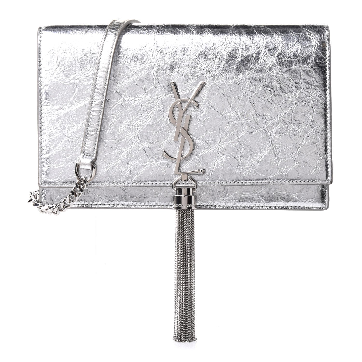 Saint Laurent Metallic Crackled Calfskin Kate Monogram Tassel Chain Wallet Argento 1 of 12