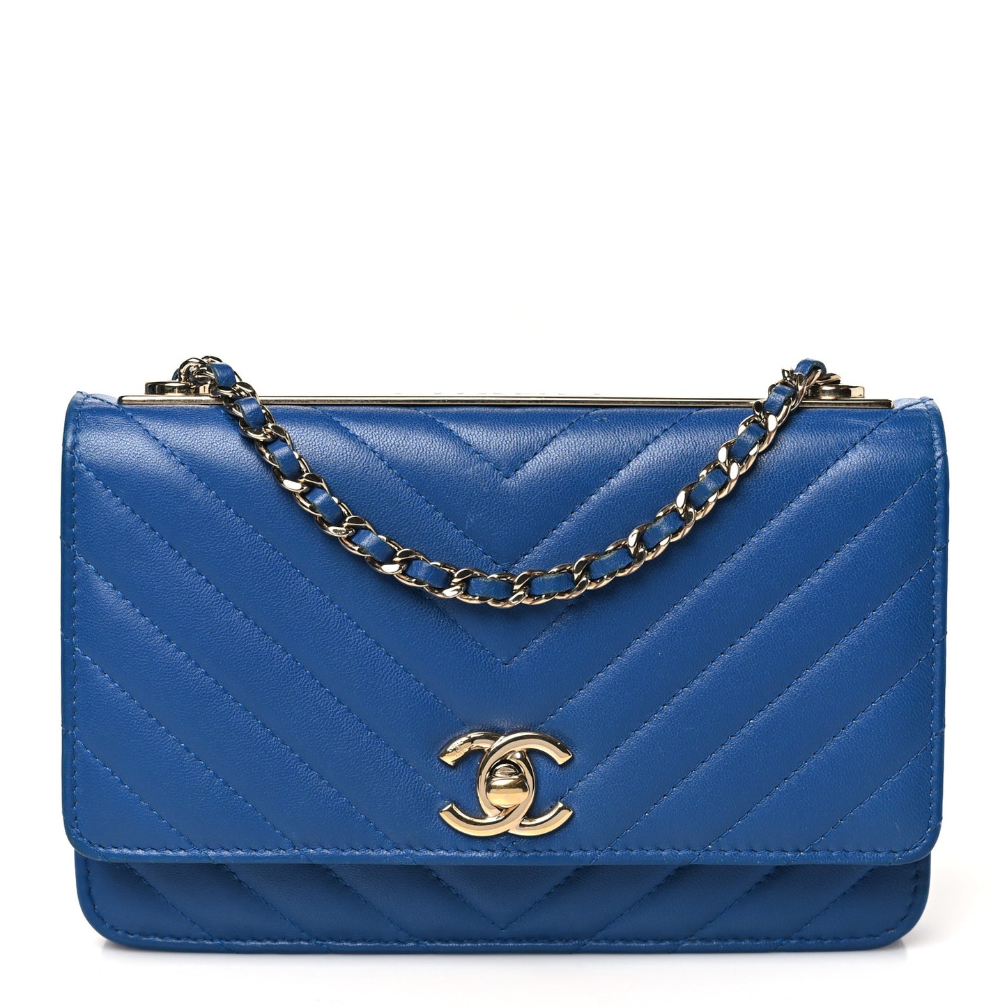 Lambskin Chevron Quilted Trendy CC Wallet On Chain WOC Blue