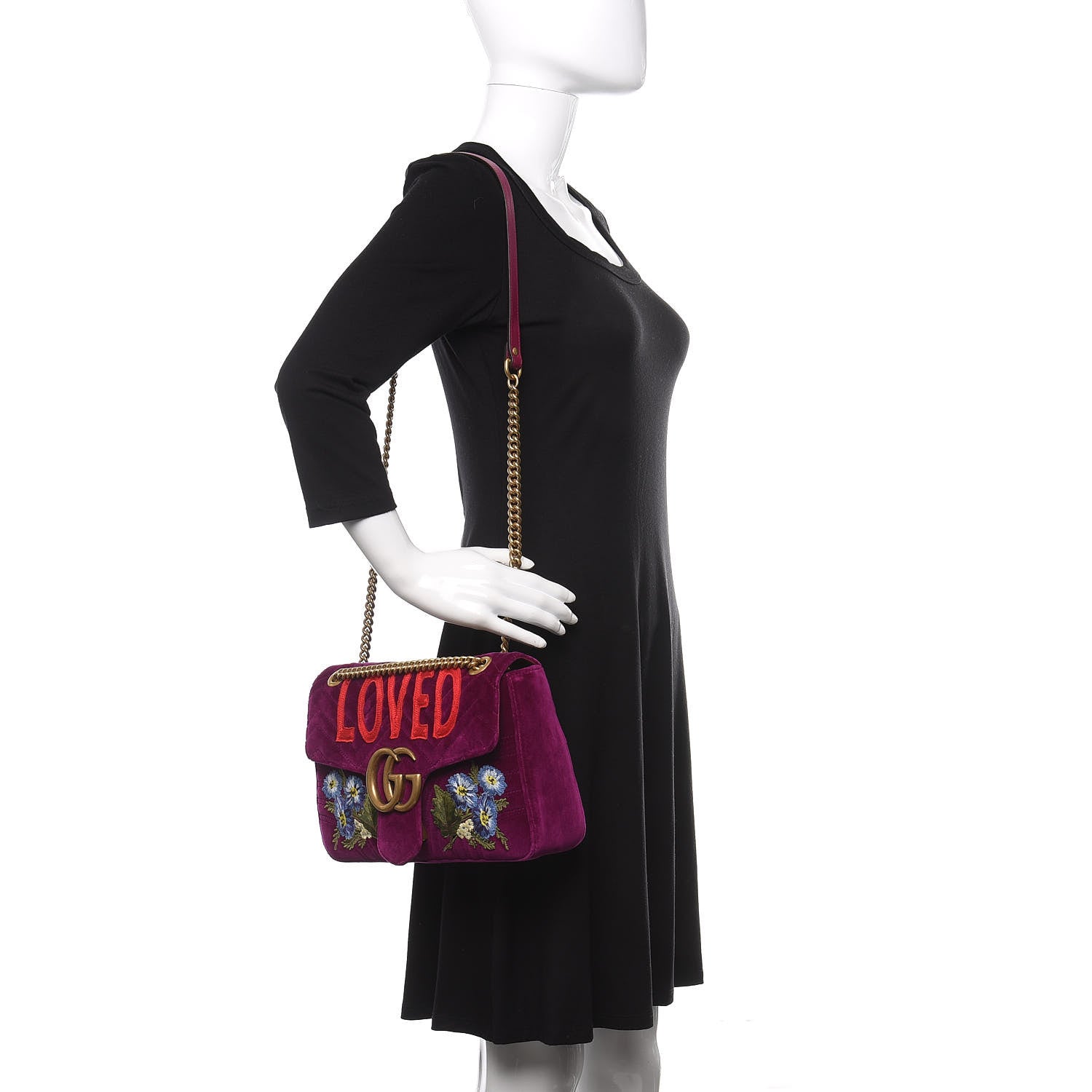 Gucci Velvet Matelasse Loved Embroidered Medium GG Marmont Shoulder Bag Fuchsia Violet Cyclamen 2 of 12