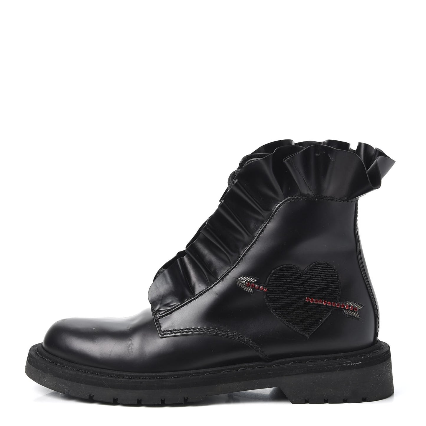 Calfskin Ruffle Heart Love Combat Boots 37.5 Black