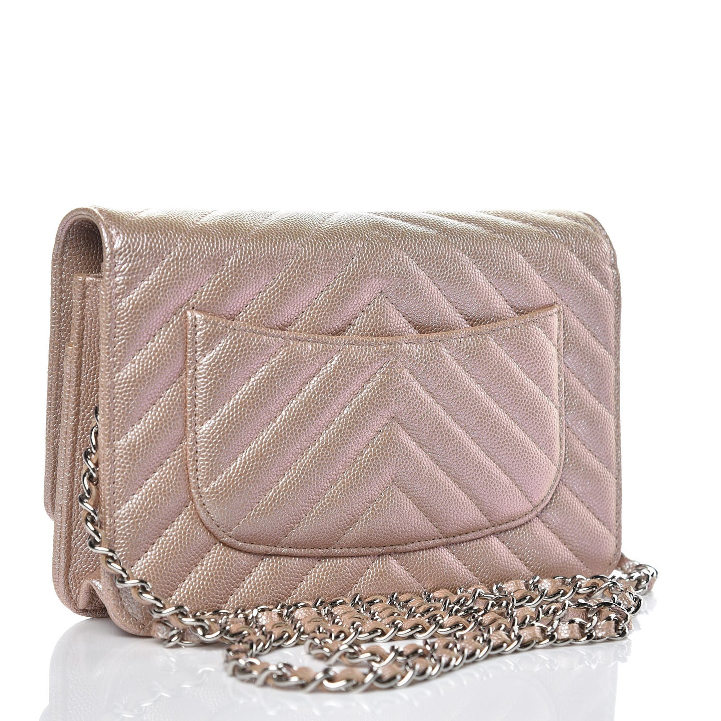 Metallic Caviar Chevron Quilted Wallet On Chain WOC Light Gold