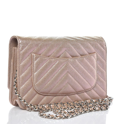 Chanel Metallic Caviar Chevron Quilted Wallet On Chain WOC Light Gold 3 of 11