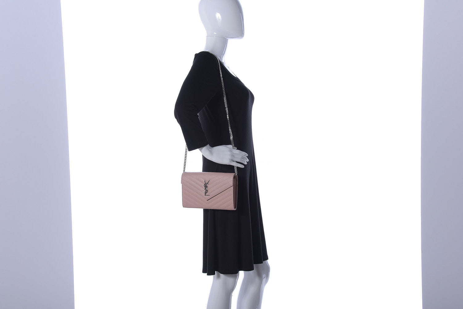 Saint Laurent Grain De Poudre Matelasse Chevron Monogram Chain Wallet Washed Light Pink 2 of 8