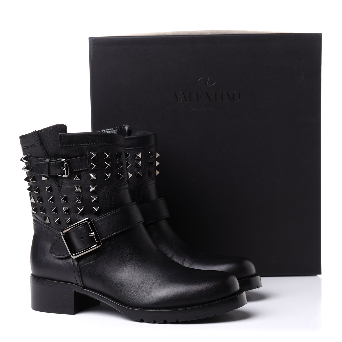 Calfskin Rockstud 30mm Biker Boots 38 Black