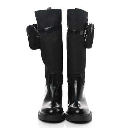 Prada Spazzolato Re-Nylon Metal Triangle Logo Pouch Pocket Tall Boots 38 Black 2 of 7