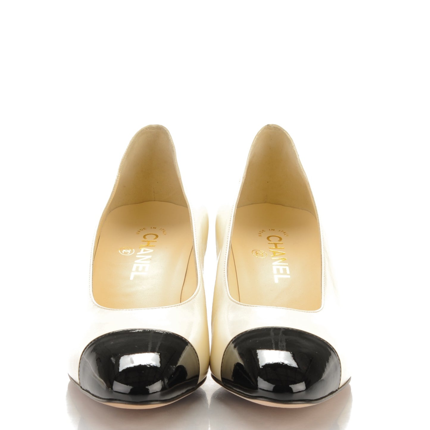 Patent Calfskin CC Cap Toe Low Heel Pumps 40.5 White Black
