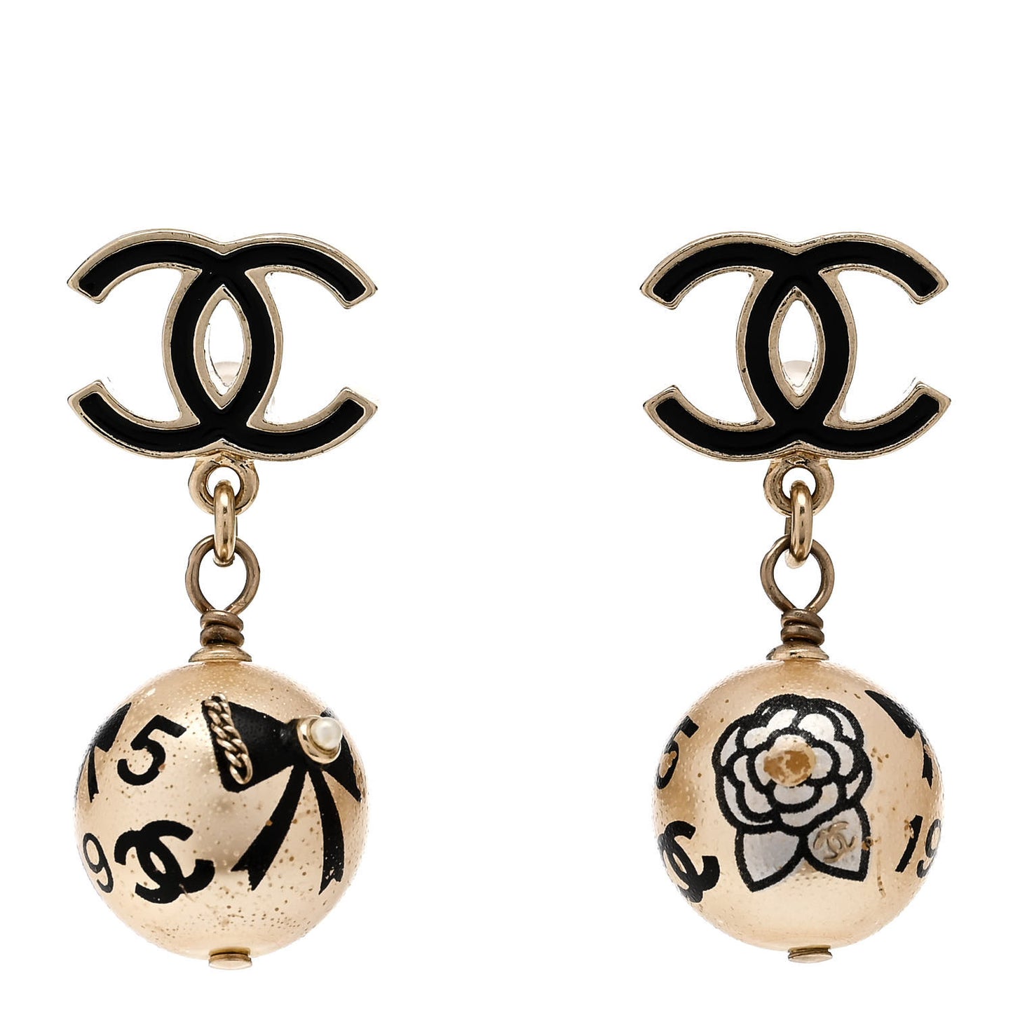 Enamel Pearl CC Camellia Drop Earrings Black Gold