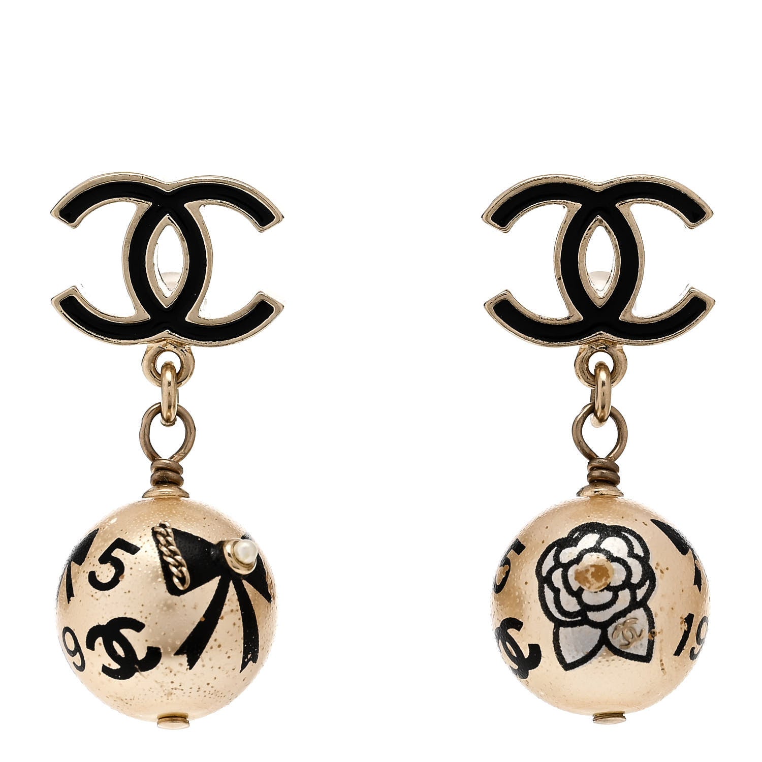 Chanel Enamel Pearl CC Camellia Drop Earrings Black Gold 1 of 5