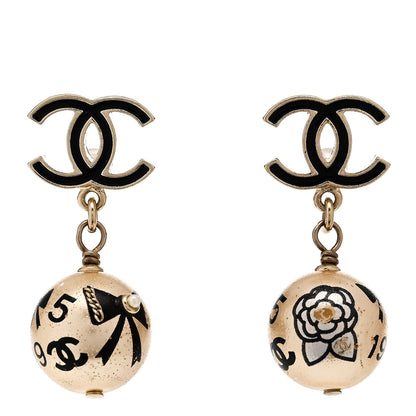 Chanel Enamel Pearl CC Camellia Drop Earrings Black Gold 1 of 5