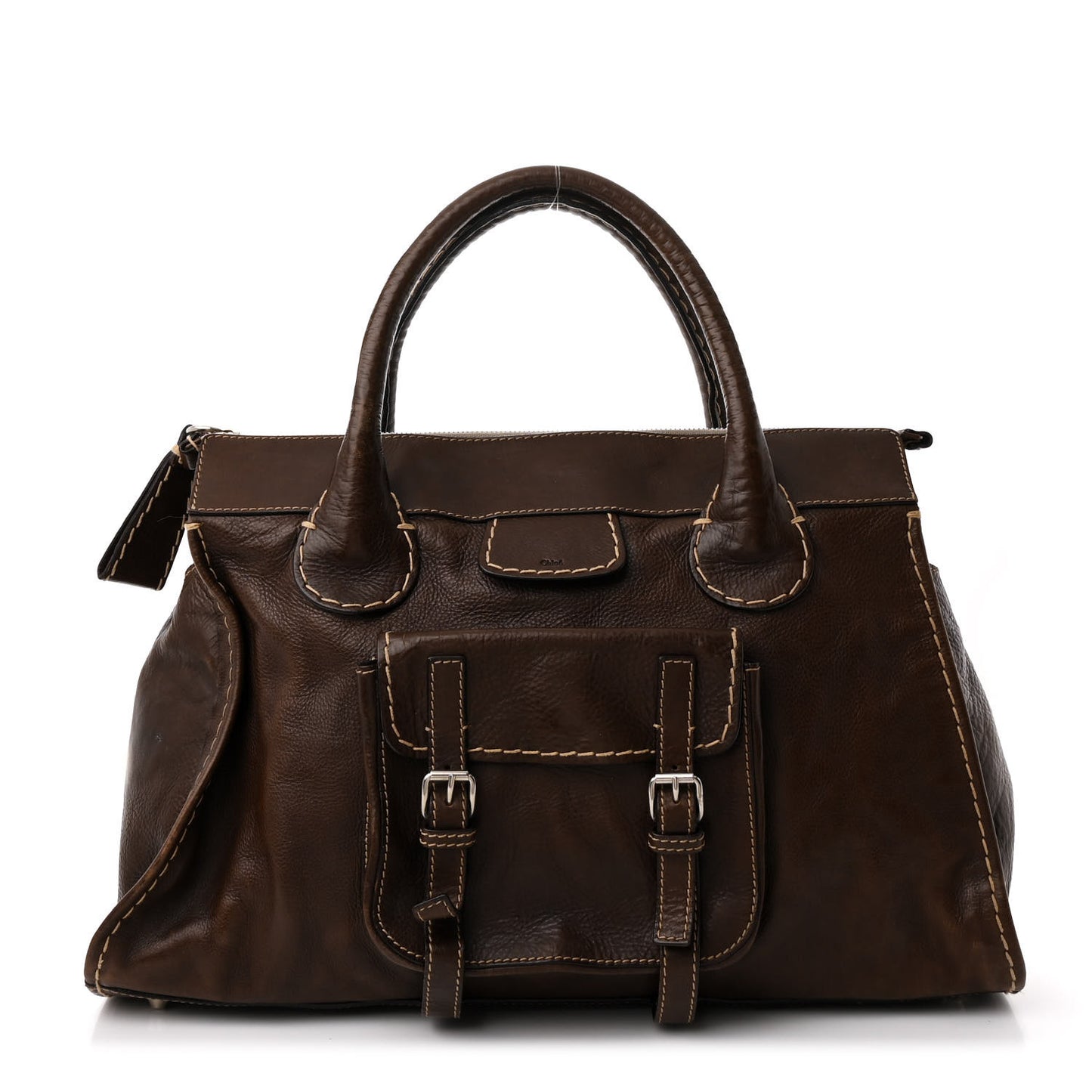 Shiny Tanned Calfskin Large Edith Bag Brun
