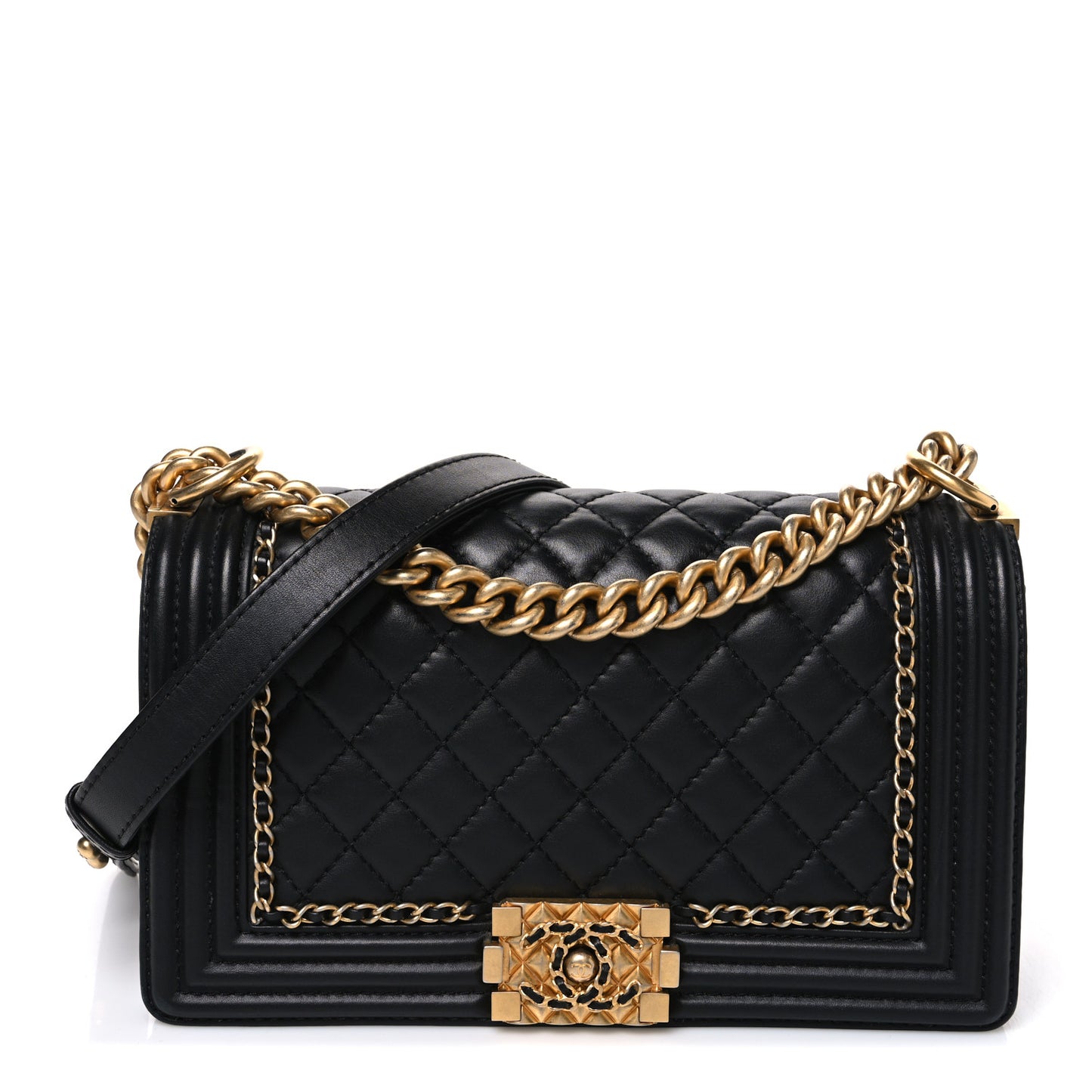 Lambskin Quilted Medium Chain Around Boy Flap Black